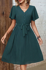Buttoned V-Neck Flutter Short Sleeve Mini Dress