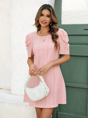 Eyelet Round Neck Puff Short Sleeve Mini Dress