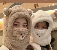 Gorro de lana de cordero con orejas de oso kawaii