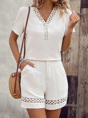 V Neck Short Sleeve Top and Shorts Set