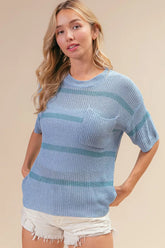 BiBi Patch Pocket Striped Lightweight Sweater Top