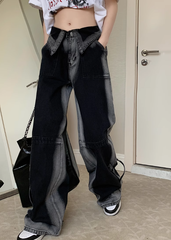 Schwarze Retro-Jeanshose mit Batikmuster und hoher Taille