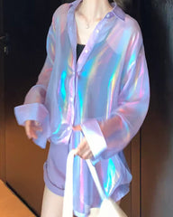Sale Holographisches Laser Langarm Oversize-Shirt