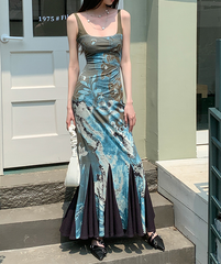 Vestido largo gótico abstracto de malla verde