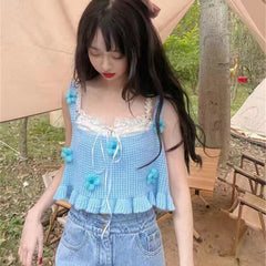 Kawaii Blaue Strickweste mit Blumenmuster