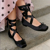 Square Toe Ballet Flats For Women Dressy Soft Bowknot Lace-Up Dress Shoes