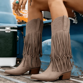 Women Knee High Embroider Fringe Pointed Toe Cowboy Boots