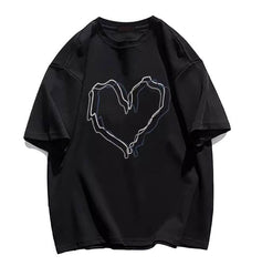 Camiseta extragrande con estampado de corazón estético en blanco y negro