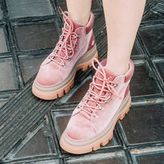 Botas estéticas con cordones y plataforma de terciopelo azul y rosa