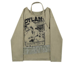 Camisa de manga larga verde occidental con estampado de Bob Dylan