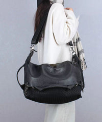 Casual Black Large Capacity Calf Leather Messenger Bag