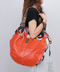 Casual High-Capacity Cowhide Patchwork Canvas Satchel Bags