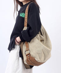 Casual Large Capacity Coffee Calf Leather Patchwork Canvas Satchel Bags