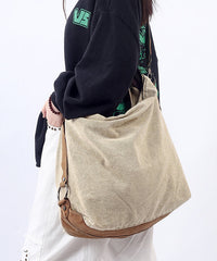 Casual Large Capacity Coffee Calf Leather Patchwork Canvas Satchel Bags