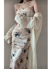 Conjunto de 2 piezas de vestido y bolero de terciopelo y perlas