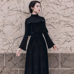 Conjunto de 2 piezas de vestido gótico de bruja de terciopelo negro "Dusk in The City"