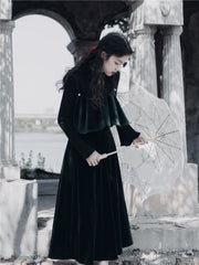 Conjunto de 2 piezas de vestido gótico de bruja de terciopelo negro "Dusk in The City"