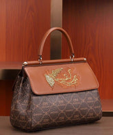 Tote Calf Handbag Brown Embroideried Leather Elegant