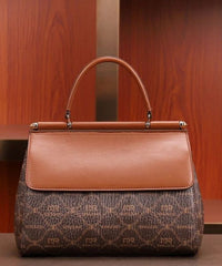 Tote Calf Handbag Brown Embroideried Leather Elegant