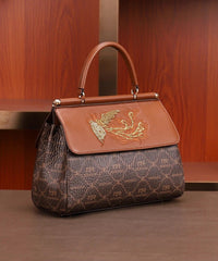 Tote Calf Handbag Brown Embroideried Leather Elegant
