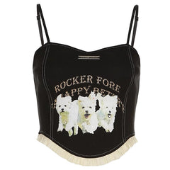 Elegante top sin mangas ajustado con diseño de perros vintage