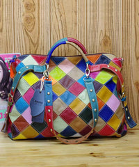 European And American Contrasting Plaid Patchwork Rivet Handbag