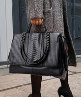 Black Chain Linked Patchwork Faux Leather Tote Handbag