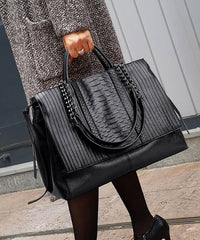 Black Chain Linked Patchwork Faux Leather Tote Handbag