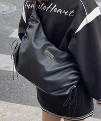 Black Faux Leather Drawstring Messenger Bag