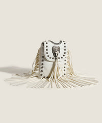 Brown Tasseled Rivet Faux Leather Messenger Bag