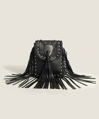 Brown Tasseled Rivet Faux Leather Messenger Bag