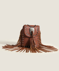 Brown Tasseled Rivet Faux Leather Messenger Bag
