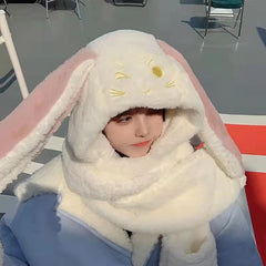 Fashion Scarf Hat Glove 3 Piece Women Plush Cute Big Ear Thicken Bunny Winter Warm Soft Thickening Pocket Hats Hooded Rabbit