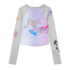 Camiseta de manga larga para mujer con mascotas en degradado dibujadas a mano