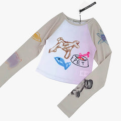 Camiseta de manga larga para mujer con mascotas en degradado dibujadas a mano