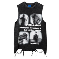 Top sin mangas con estampado grunge y roto