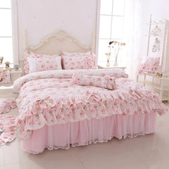 Pink Purple Floral Princess Korean Bedding Set