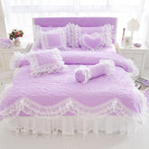 Quilted Cotton Thick Duvet Cover Lace Light Purple Blue Pink Princess Bedding Set
