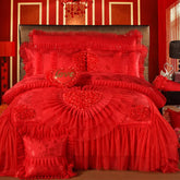 Red Pink Luxury Lace Wedding Bedding Set