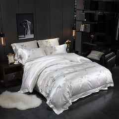 White Silver Silk Cotton Luxury Butterfly Bedding Set