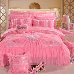 Red Pink Luxury Lace Wedding Bedding Set