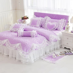 Quilted Cotton Thick Duvet Cover Lace Light Purple Blue Pink Princess Bedding Set
