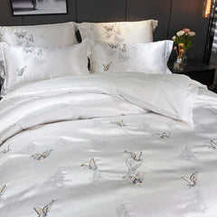 White Silver Silk Cotton Luxury Butterfly Bedding Set
