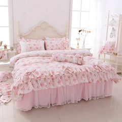Pink Purple Floral Princess Korean Bedding Set