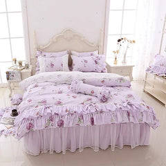 Pink Purple Floral Princess Korean Bedding Set