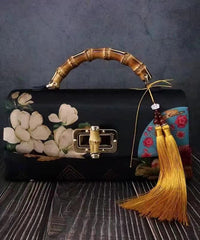 Handmade Retro Black Print Silk Tote Handbag