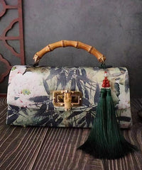 Handmade Retro Black Print Silk Tote Handbag