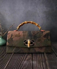 Handmade Retro Black Print Silk Tote Handbag