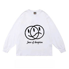 Sudadera estética blanca y beige con estampado de cara triste y feliz