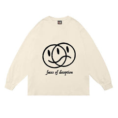 Sudadera estética blanca y beige con estampado de cara triste y feliz